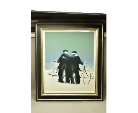 MACKENZIE THORPE (BRITISH 1957) 'ALL FOR ONE', two male figure wearing flat caps have an arm around each other's shoulders wh