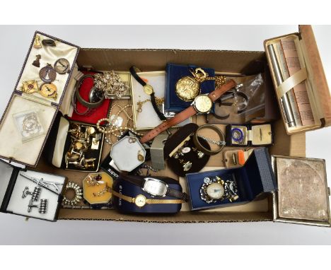 A BOX OF MEDALS, JEWELLERY AND WRISTWATCHES, to include an assortment of 'National Association Of Teachers Of Dancing' medall