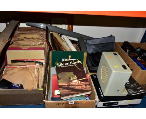 FOUR BOXES, A SUITCASE AND LOOSE CAMERAS, BOOKS, PICTURES, AND SUNDRY ITEMS, to include a signed copy of David Attenborough's