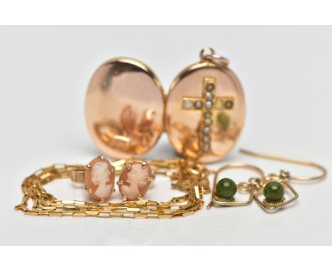 A PAIR OF 9CT GOLD CAMEO EARRINGS, A 9CT GOLD CHAIN, AND ASSORTED YELLOW METAL JEWELLERY, a pair of oval cameo earrings set i