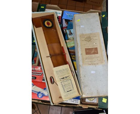 TWO BOXES OF VINTAGE TOYS, to include a pre-war Warneford Tractor model aeroplane, Mettoy racing car, Triang pile driver, 'Ma