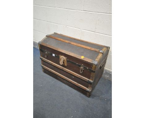 A VINTAGE DOMED TOP TRUNK, width 77cm x depth 48cm x height 54cm