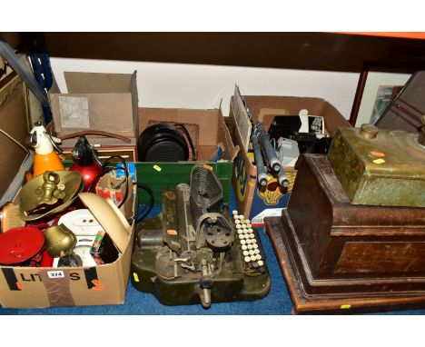 THREE BOXES AND LOOSE TYPEWRITER, SEWING MACHINE, PHOTOGRAPHIC EQUIPMENT AND VINTAGE HOUSEHOLD ITEMS, to include an Oliver Ty