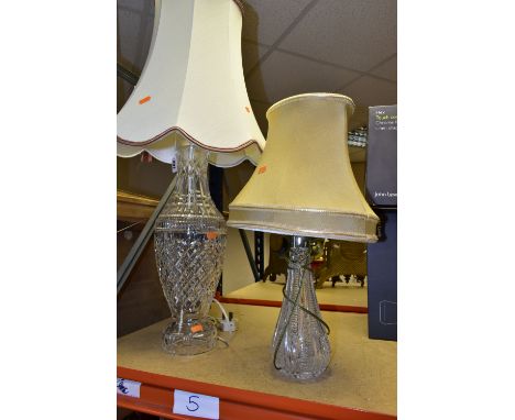 TWO TABLE LAMPS WITH CUT GLASS BASES, heights including fitting 56cm and 33cm, with shades (2) (Condition report: a minor chi