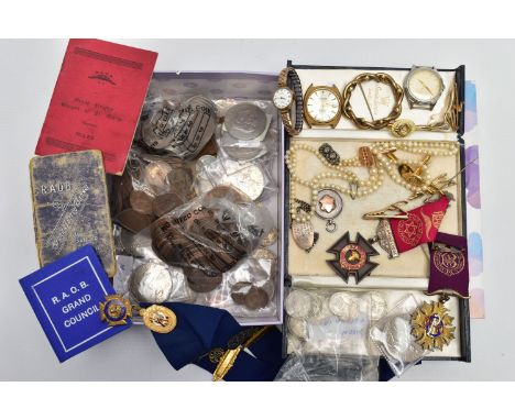 A BOX OF ASSORTED WATCHES, CUFFLINKS, MEDALS AND COINS, to include a gents stainless steel, hand wound 'Movado' watch head, r