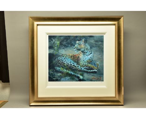 ROLF HARRIS (AUSTRALIAN 1930) 'LEOPARD RECLINING AT DUSK' a limited edition print 49/195, signed to lower margin with certifi