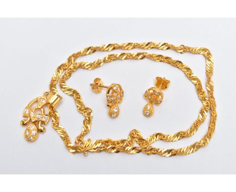A 22CT GOLD PENDANT NECKLACE AND EARRINGS, the pendant of an open work design, set with colourless cubic zirconia, fitted wit