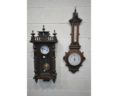 A MAHOGANY VIENNA WALL CLOCK, width 39cm x height 89cm (winding key and pendulum) and an oak aneroid barometer, signed R R Ro