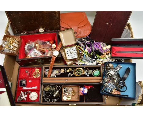 A LARGE ASSORTMENT OF COSTUME JEWELLERY, to include nine wristwatches with names such as 'Lorus, Timex, Sekonda', a cased 'Pa