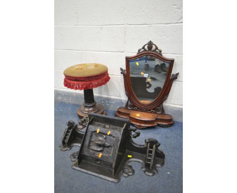 A VICTORIAN WALNUT SWIVEL PIANO STOOL, along with a Victorian shield swing mirror (condition:-loose back right foot) and a ca