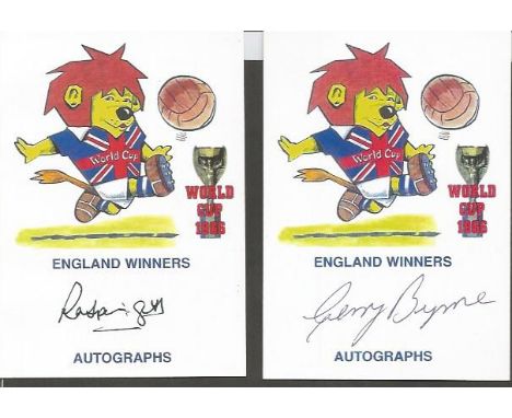 Byrne and Springett signed World Cup Willie football cards. Good condition.  All signed items come with our certificate of au