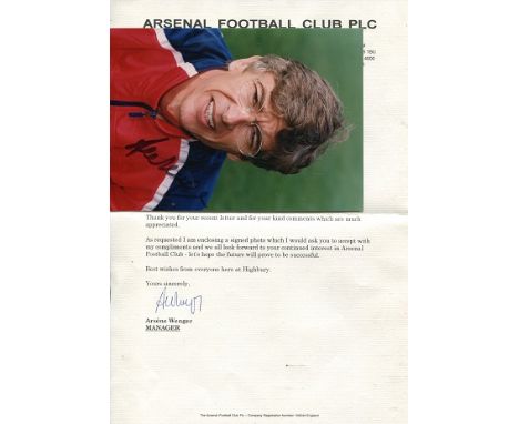 ARSENE WENGER: 7x5 inch photo and Arsenal headed typed letter both signed by Arsenal manager Arsene Wenger. Good condition.  