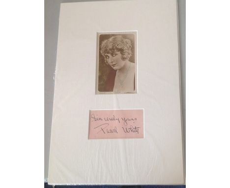 Pearl White signature piece, mounted below b/w photo. Approx. overall size 16x12. 1889 - 1938 was an American stage and film 