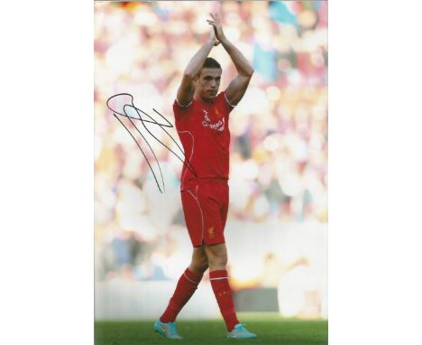 Jordan Henderson Signed Liverpool football 8x12 Photo . Good condition.  All signed items come with our certificate of authen