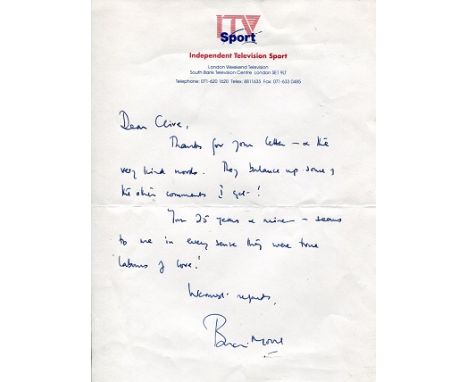 BRIAN MOORE: Typed letter signed by the late Brian Moore, legendary football commentator on ITV. Good condition.  All signed 