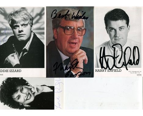 COMEDY COLLECTION: A collection of 8 postcard sized or slightly smaller photographs signed by Eddie Izzard, Frank Carson, Har