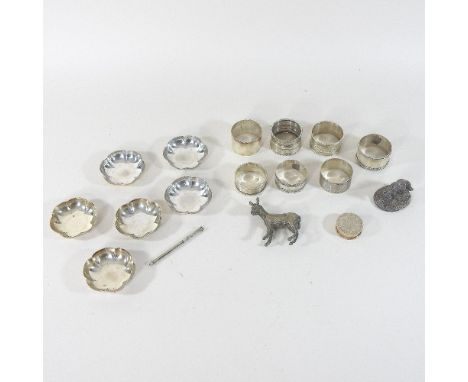 A collection of items, to include seven silver napkin rings, various dates, 136g,  together with a set of six Peruvian silver