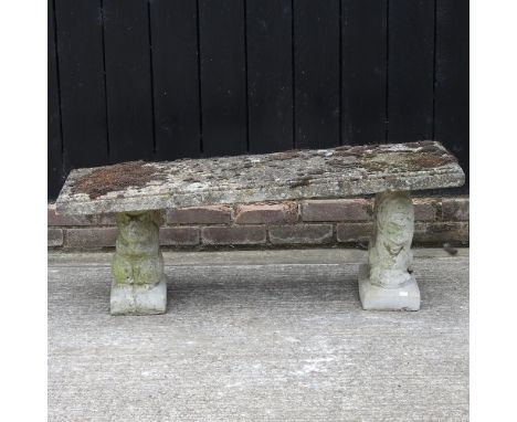 A reconstituted stone garden bench, on lion and squirrel supports, 113cm