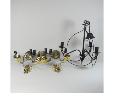 A black painted chandelier, 30cm, together with five wall sconces