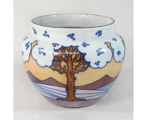 A Burleigh Ware Charlotte Rhead pottery jardiniere, decorated with stylised orange trees, in a landscape, printed marks, 18cm