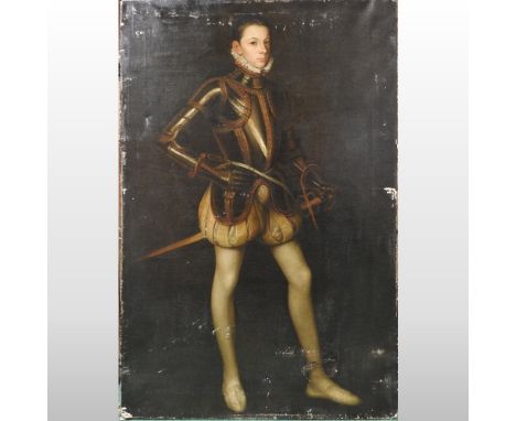 After Anthonis Mor and Alonso Sanchez Coello, copy of a 16th century full length portrait of Alessandro Farnese, wearing a su