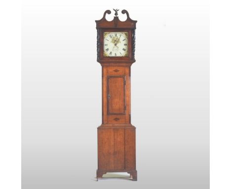 A late George III oak cased longcase clock, with a thirty hour movement, and a painted dial, signed Peter Maffia, Monmouth, t