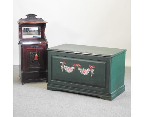 A green painted pine trunk, 91cm, together with an Edwardian coal purdonium