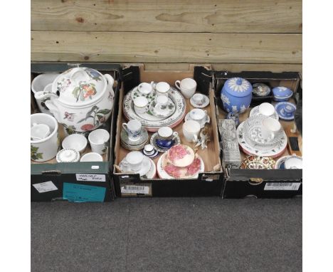 Three boxes of china to include Portmeirion Pomona pattern, Dresden and Royal Worcester, some boxed