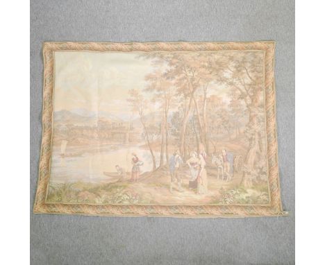 A tapestry, depicting a river scene, unframed, 132 x 173cm, together with another, framed (2)