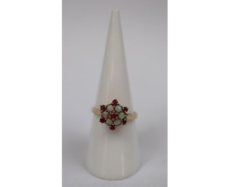 9ct gold opal and ruby set ring - Size N 