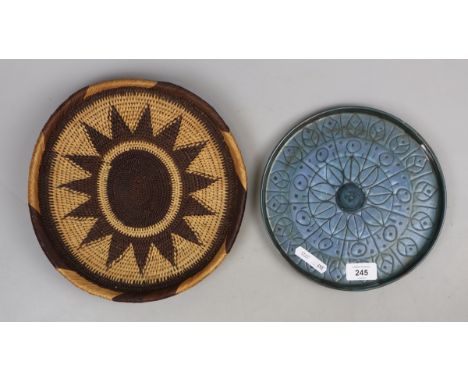 Early Troika blue dish with geometric leaf design c. 1963-7. Impressed marks TROIKA St Ives &amp; Trident Mark 