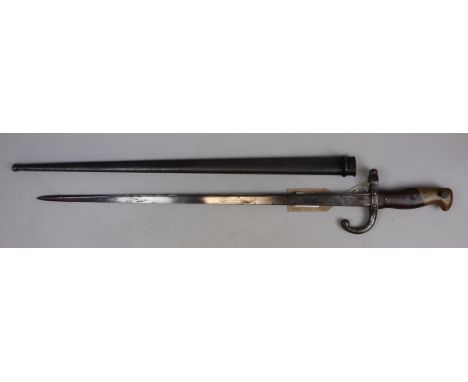 French 1874 pattern Gras T-back sword bayonet with steel scabbard and engraving to the blade spine reading 'Arme De Chât 1880