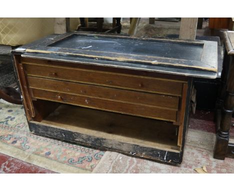 Vintage black painted engineer's wooden tool box with 4 internal drawers, drop front and metal carry handles.