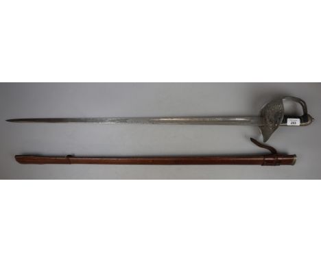 Ceremonial basket handled sword with Edward VII crest with shagreen grip and leather scabbard 