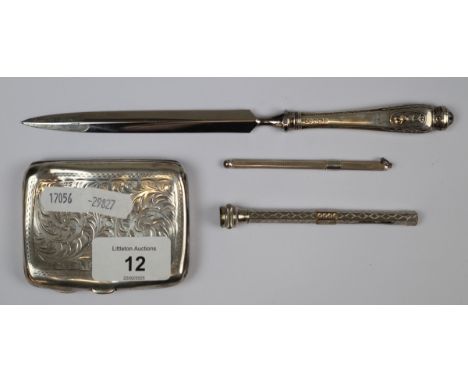 Collection of hallmarked silver to include cigarette case and letter opener 