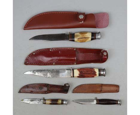 4 x vintage Sheffield hunting sheath knives, by Nowill, Thompson, Original Bowie and Westhill, all in leather sheaths
