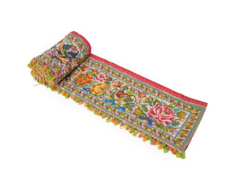 A PERANAKAN BEADED PANEL (PINK GROUND WITH GREEN BORDER)
From the collection of Dr Ho Wing Meng
Fully-beaded panel depicting 