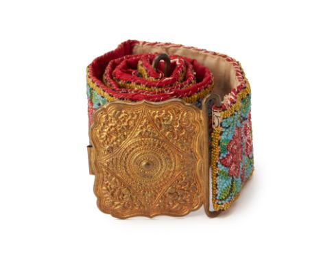 A PERANAKAN BEADED BELT WITH BUCKLE
From the collection of Dr Ho Wing Meng
Fully-decorated belt executed with stitched-on bea