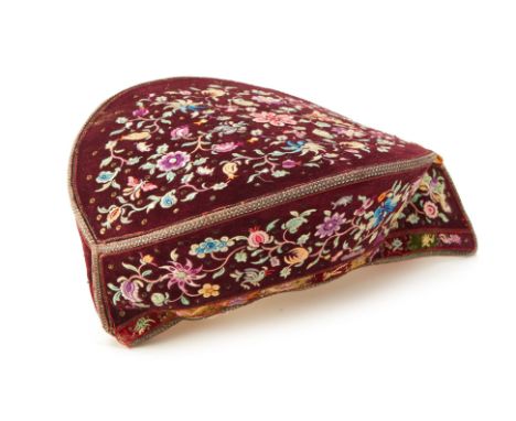 A PERANAKAN EMBROIDERED VELVET HAT
From the collection of Dr Ho Wing Meng
Fully-decorated hat with embroidered floral, foliat