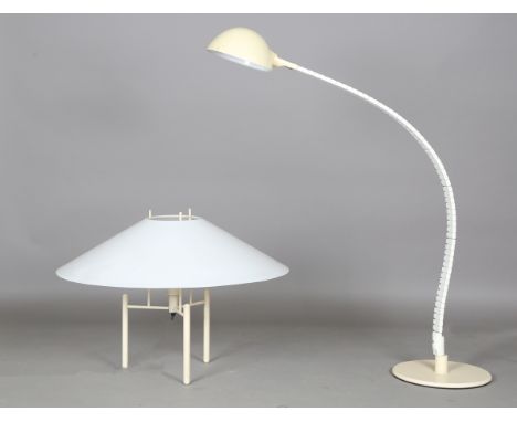 An Italian white plastic floor-standing lamp by Mod, with vertebrae style adjustable stem, together with another lamp with la