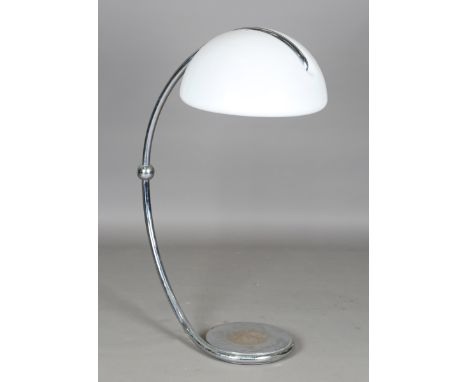 An Italian chromium plated floor-standing lamp, designed by Elio Martinelli, model 2131, the curved stem supporting a white p