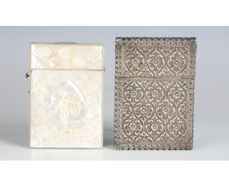 A 19th century mother-of-pearl visiting card case, one side carved with Cupid standing within a border of foliage, length 9.5