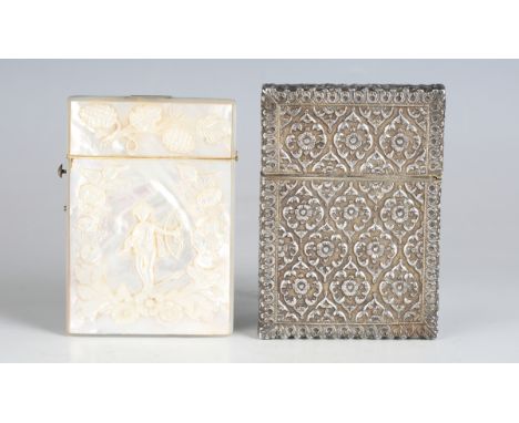 A 19th century mother-of-pearl visiting card case, one side carved with Cupid standing within a border of foliage, length 9.5