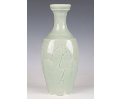 A David Leach Lowerdown Pottery vase, the shouldered ovoid body with incised tree and celadon glaze, impressed mark to unders