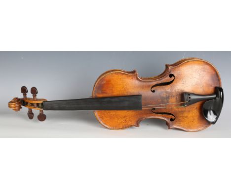 A violin with two-piece striped back, length of back excluding button 35.7cm, fitted with rosewood tuning pegs, cased with tw