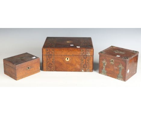 An early Victorian rosewood tea caddy of sarcophagus form, width 38cm (faults), together with a group of four other boxes.Buy