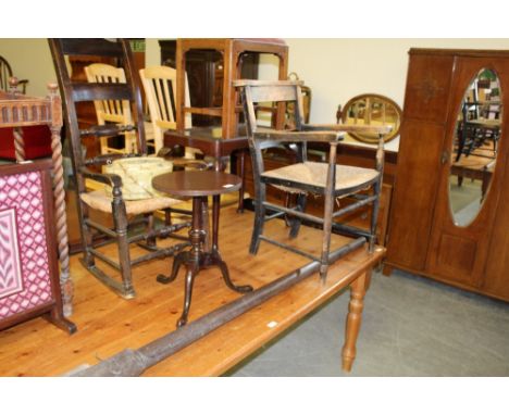 2 Rush Seated Chairs, Mahogany Stool, Table, Bed Post,Glass Shade