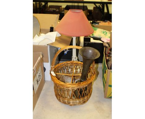 Wicker Work Bottle Carriers, Brass Vase & Lamp