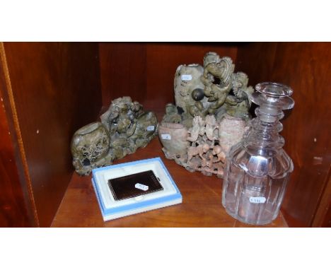 Three Oriental Carved Soapstone Bud Vases/Sculptures, along with A Newbridge Silver Compact Mirror And A Decanter (A/F).