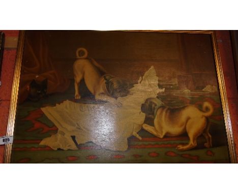 An Overpainted Print Depicting Two Pugs Fighting over a Newspaper; titled 'Fight for the Standard'.